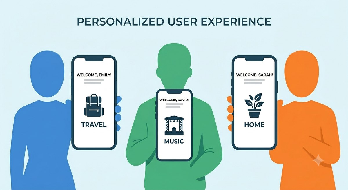 Three users with phones showing different personalised home screens: Travel, Music, and Home themes