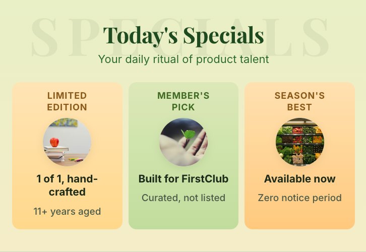 Today's Specials section from the FirstClub pitch: Limited Edition, Member's Pick, Season's Best