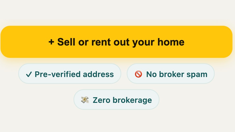 MyGate Homes prototype: Verified owners only card, Sell or rent out your home button, and Pre-verified address / No broker spam / Zero brokerage chips